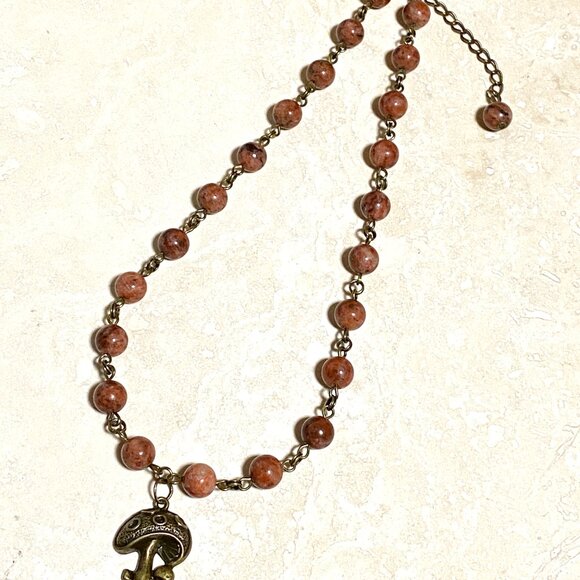Genuine Red Jasper Short Necklace, Cute Bronze Round Mushroom + Natural Gemstone - Picture 7 of 14